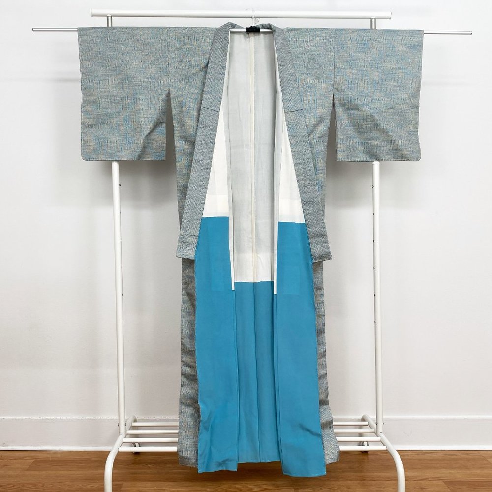 Vintage Blue ORI Woven Unisex Kimono, Long Authentic Japanese Silk Kimono